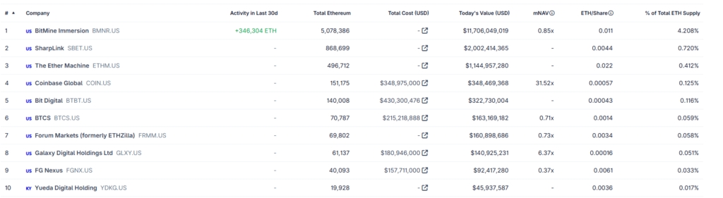 Gráfico de las empresas con mas ethereum en el ecosistema