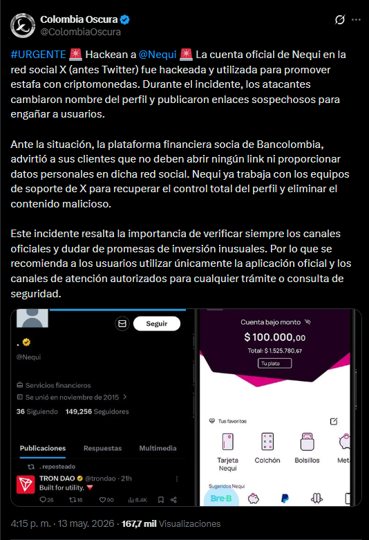 Una captura de pantalla de una publicación de X (Twitter) del usuario "Colombia Oscura" (@ColombiaOscura). El texto, encabezado por "#URGENTE", informa en español que la cuenta oficial de @Nequi fue hackeada y utilizada para promover estafas con criptomonedas.