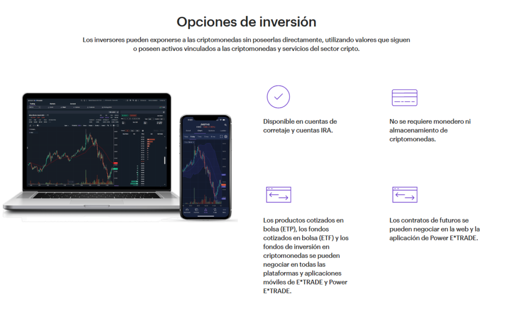 Captura de pantalla de la plataforma E*Trade, de Morgan Stanley, donde se observa la disponibilidad de criptomonedas