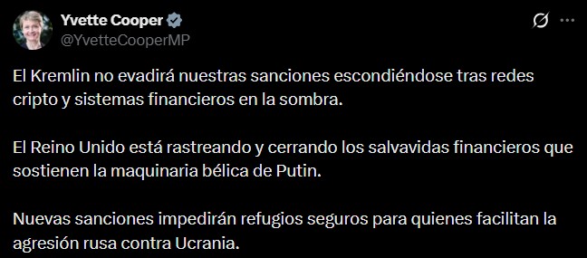 Mensaje en X de Yvette Cooper.