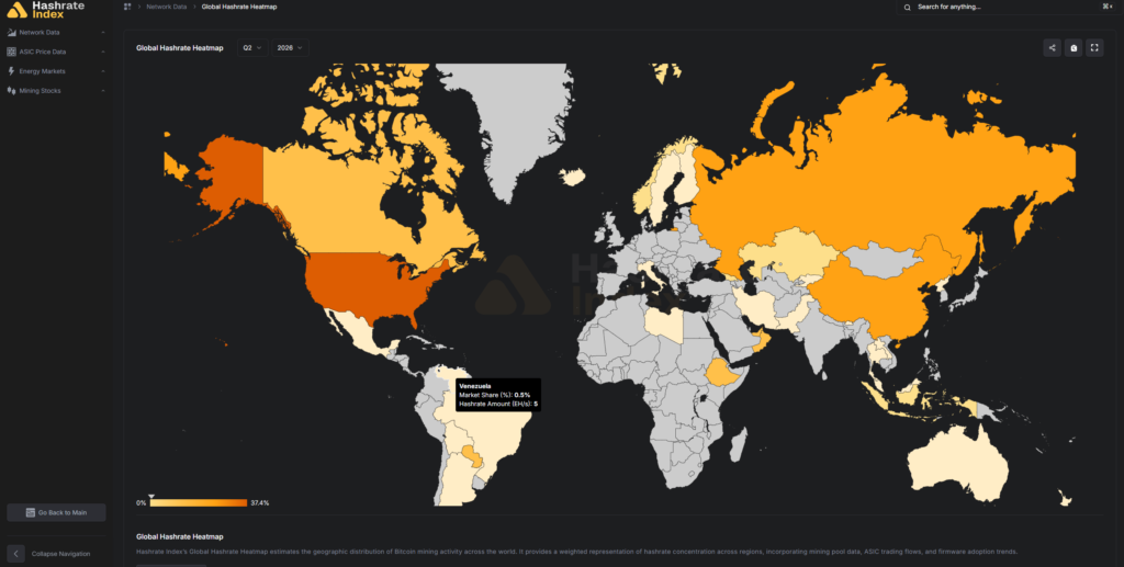 captura de mapa mundi que muestra los niveles de hashrate de los países
