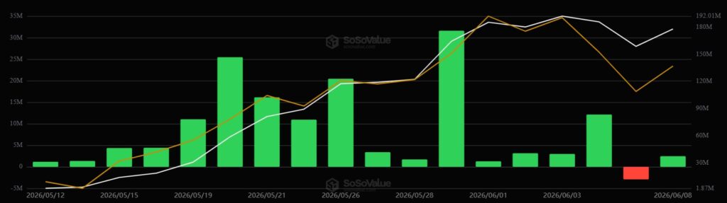 Gráfico de barras verdes y rojas mostrando el desempeño de los ETF de HYPE.