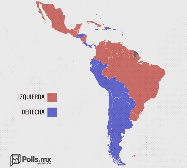 Silueta del mapa de América Latina con países en azul y rojo en representación de derecha e izquierda.