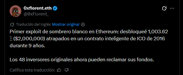 Publicación en X sobre una operación de criptomonedas en la red Etheruem.