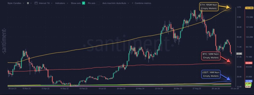 Gráfico que indica el precio de ether junto a otros indicadores de actividad on-chain, como número de wallets no vacías.