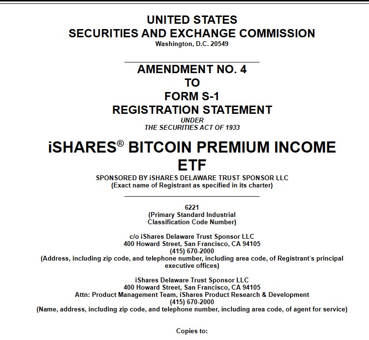 Captura de la enmienda presentada por BlackRock del ETF iShares Bitcoin Premium Income.
