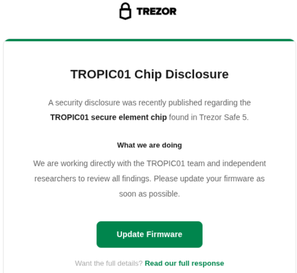 Una captura de pantalla de una campaña de ataques del tipo phishing usando la empresa Trezor.