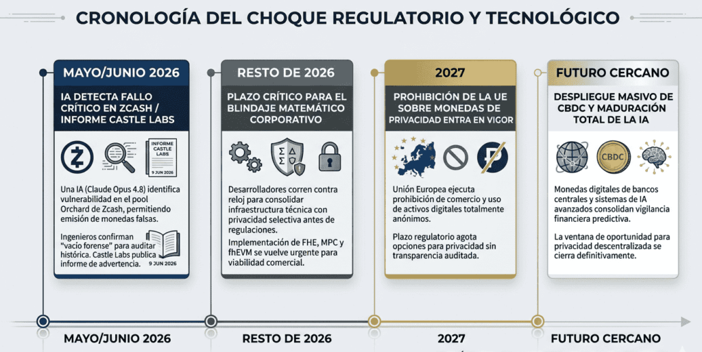 Infografía periodística que muestra una línea de tiempo horizontal sobre el conflicto entre la privacidad criptográfica y la regulación estatal entre 2026 y 2027. Cuatro tarjetas secuenciales detallan hitos clave: el fallo crítico detectado por IA en Zcash y el informe de Castle Labs en mayo/junio de 2026.