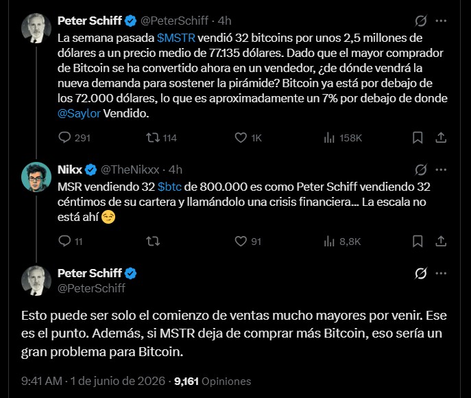 Comentario de Peter Schiff en X sobre la venta de BTC de Strategy.
