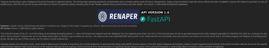 Captura de pantalla de un texto compartido por un hacker en un foro vendiendo datos.