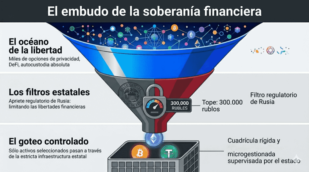 : Una representación gráfica de cómo el nuevo marco normativo en Rusia reduce un ecosistema global de activos digitales descentralizados a un estrecho canal supervisado por el Estado, limitando el mercado minorista a solo tres opciones permitidas y bajo un estricto filtro administrativo.
